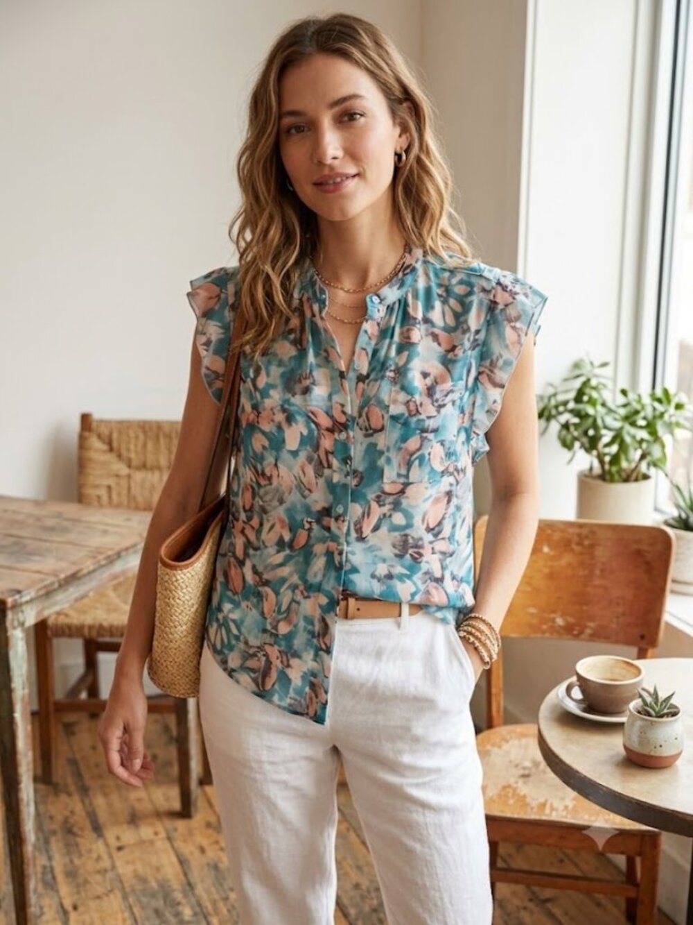 Rebecca Taylor 100% Silk Aloha Print Blouse 6 Teal Pink Floral Flutter